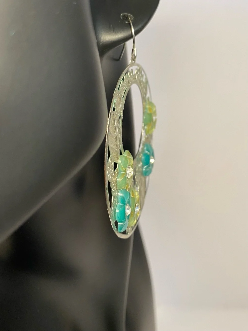 Boho Silver and Shades of Green Floral Circular Hoop Statement Earrings